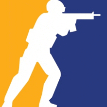 a silhouette of a man with a gun on a yellow and blue background