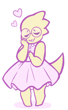 a drawing of a yellow animal wearing a pink dress