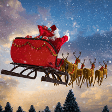 santa claus is flying in a sleigh with reindeer pulling him