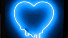 a blue neon sign in the shape of a heart is glowing on a black background .