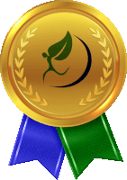 a gold medal with a green leaf and laurel wreath