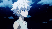 a young boy with white hair and blue eyes stands in front of a dark sky