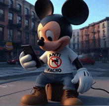 a statue of mickey mouse wearing a shirt that says " anti facho "