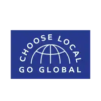 a blue sign that says choose local go global with a globe in the center