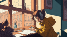 a girl wearing headphones sits at a desk with a cat looking out a window