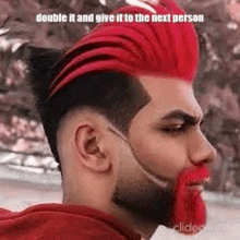 a man with a beard and red hair is wearing a red shirt and giving it to the next person .