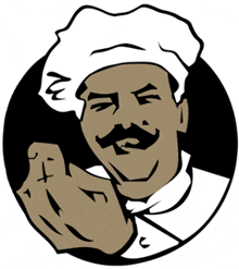 a cartoon drawing of a chef with a mustache pointing his finger