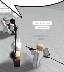 a group of roblox characters are talking to each other