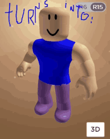 a 3d roblox character with a blue shirt and purple pants is standing in front of a brown background