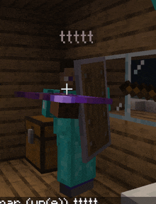 a minecraft character holding a shield and a purple bow