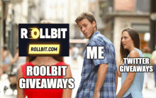 a man and a woman are walking down a street with a banner for rollbit.com behind them