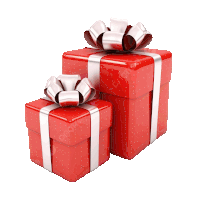 two red gift boxes with silver ribbons and bows are stacked on top of each other on a white background