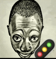 a black and white drawing of a man 's face and a traffic light