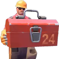 a man wearing a hard hat is holding a red toolbox with the number 24 on it