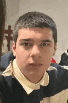 a young man is looking at the camera while wearing a striped shirt .