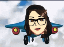 a cartoon of a woman wearing glasses and a blue airplane