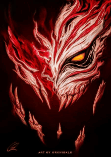 a painting of a red and white monster with a yellow eye