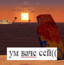 a picture of a parrot in front of a sunset with a foreign language caption