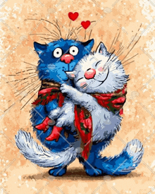 a painting of two cats hugging each other with hearts above them