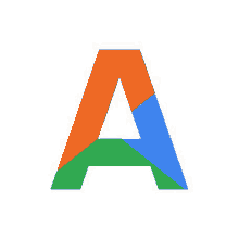 the letter a is made of four different colored triangles on a white background .