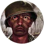 a painting of a soldier wearing a helmet with a serious look on his face