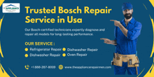 an ad for bosch repair service in usa with a man pointing