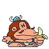 a pixel art of a monkey eating a banana on a white background .