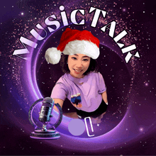 a woman wearing a santa hat is holding a microphone in front of a circle that says music talk