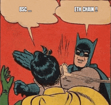 a cartoon of batman and robin with speech bubbles that says bsc and eth chain