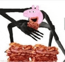 a spider is holding a piece of bacon with a pig head on it .