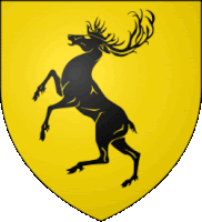 a yellow shield with a black deer with antlers on its hind legs