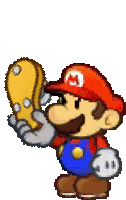 a pixel art of mario holding a baseball mitt