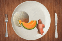 a white plate with melons and watermelon on it