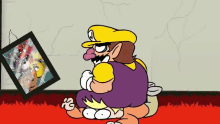 a cartoon of wario sitting in front of a broken picture frame