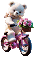 a teddy bear is riding a pink bike with a basket of pink flowers