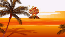 an illustration of a volcano erupting in the middle of a desert with palm trees in the foreground