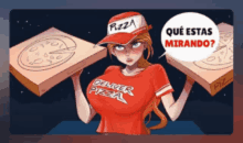 a cartoon of a woman wearing a red shirt that says ginger pizza