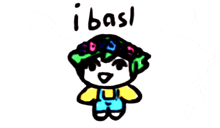 a child 's drawing of a boy with a flower crown on his head and the name ibasl below him