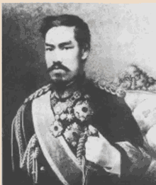 a black and white photo of a man with a mustache holding a sword .