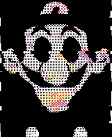 a pixel art of a smiley face with a hat on a black background .