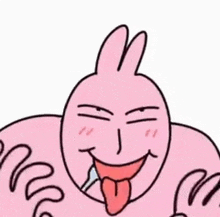 a cartoon drawing of a pink bunny with its tongue out .