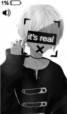 a black and white drawing of a boy with a sticker on his face that says it 's real