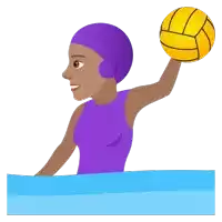 a woman in a purple swimsuit is holding a yellow water polo ball