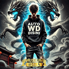 a man wearing a hoodie that says auto wd disini stands in front of two werewolves