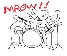 a drawing of a cat playing drums with the words mrow written in red .