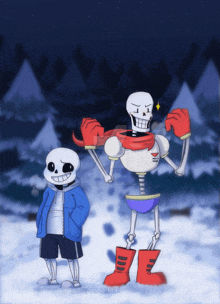 two skeletons standing next to each other in the snow