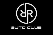 a white logo with the letter r in a circle on a black background for auto club .