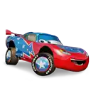 a red and blue lightning mcqueen from cars with a confederate flag paint job on it .