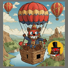 a cartoon drawing of a fox in a hot air balloon