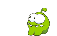 a green cartoon character with big eyes and sharp teeth on a white background